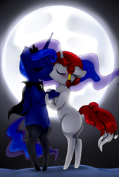 Size: 967x1433 | Tagged: safe, artist:va1ly, princess luna, oc, alicorn, pony, g4, bipedal, canon x oc, cape, clothes, female, full moon, kiss on the lips, kissing, lesbian, moon, shipping