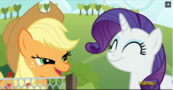 Size: 1048x546 | Tagged: safe, screencap, applejack, rarity, applejack's "day" off, g4, discovery family logo, faic, sweet apple acres