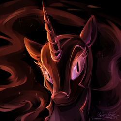 Size: 750x750 | Tagged: safe, artist:cosmalumi, nightmare moon, g4, black background, bust, portrait, simple background, slit pupils, solo