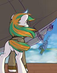 Size: 1280x1656 | Tagged: safe, artist:inlucidreverie, oc, oc only, pony, unicorn, roan rpg, airship, clothes, coat, commission, featureless crotch, gun, hero, horn, magic, rear view, weapon