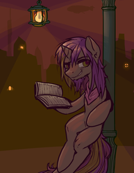 Size: 1280x1656 | Tagged: safe, artist:inlucidreverie, oc, oc only, pony, unicorn, roan rpg, bipedal, bipedal leaning, book, city, cityscape, facial hair, lamp, lamppost, leaning, smiling, solo