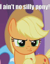 Size: 537x679 | Tagged: safe, edit, edited screencap, screencap, applejack, pony, applejack's "day" off, g4, animated, blatant lies, caption, female, gif with captions, image macro, liarjack, meme, pouting, silly, silly pony, who's a silly pony