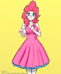 Size: 800x970 | Tagged: safe, artist:ixalon, artist:johnjoseco, color edit, edit, pinkie pie, human, g4, blushing, clothes, colored, cute, diapinkes, dress, female, humanized, looking at you, simple background, solo, yellow background