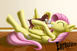 Size: 1248x830 | Tagged: safe, artist:earthquake87, fluttershy, corgi, dog, g4, boop, cute, eyes closed, hooves in air, playing, puppy, smiling