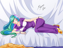 Size: 1650x1275 | Tagged: safe, artist:shinta-girl, princess celestia, principal celestia, human, equestria girls, g4, big breasts, breasts, busty princess celestia, clothes, female, humanized, looking at you, lying down, multicolored hair, shoes, solo, sunbutt, tight clothing, watermark