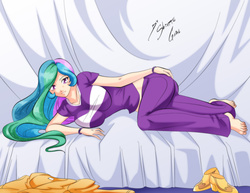 Size: 1650x1275 | Tagged: safe, artist:shinta-girl, princess celestia, principal celestia, human, equestria girls, g4, barefoot, big breasts, breasts, busty princess celestia, clothes, feet, female, humanized, looking at you, lying down, midriff, multicolored hair, no socks, on side, purple eyes, shoes, smiling, solo, tight clothing, watermark