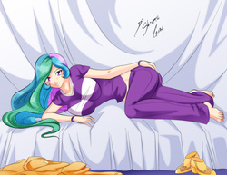 Size: 1650x1275 | Tagged: safe, artist:shinta-girl, princess celestia, principal celestia, human, equestria girls, g4, barefoot, big breasts, breasts, busty princess celestia, clothes, feet, female, humanized, looking at you, lying down, midriff, multicolored hair, on side, purple eyes, shoes, smiling, solo, tight clothing, watermark