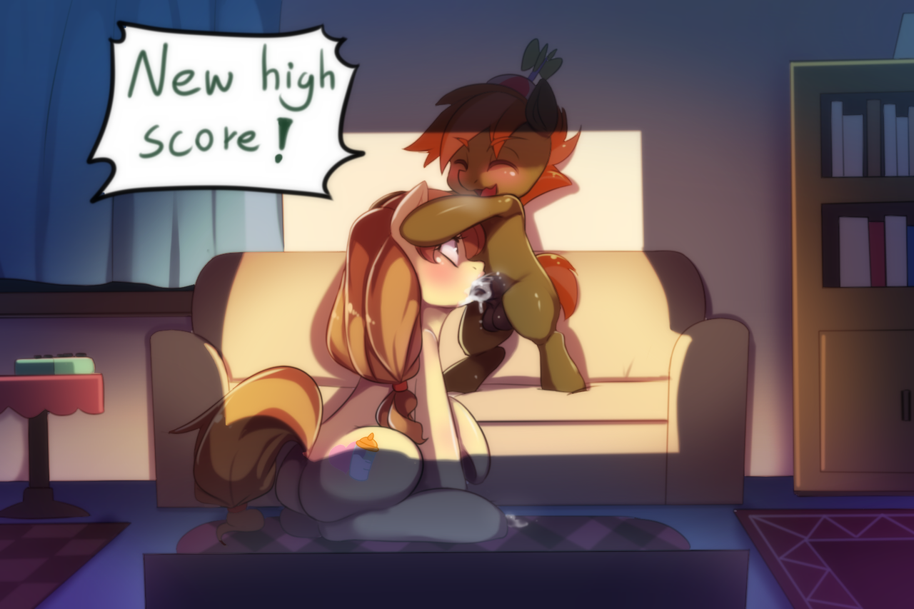 1165098 - explicit, artist:freedomthai, button mash, oc, oc:cream heart,  earth pony, pony, g4, adorasexy, age difference, balls, blowjob, blushing,  butt, canon x oc, colt, colt on mare, commission, couch, creambutt, cum, cum