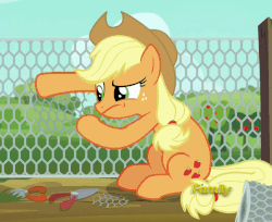 Size: 624x509 | Tagged: safe, screencap, applejack, applejack's "day" off, g4, animated, chicken wire, discovery family logo, female, fence, frown, hoof hold, loop, raised eyebrow, sitting, solo