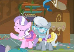 Size: 536x382 | Tagged: safe, screencap, aura (g4), diamond tiara, silver spoon, tornado bolt, earth pony, pony, call of the cutie, g4, accessory, clothes, dress, glasses, jewelry, necklace, tiara