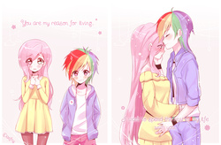 Size: 3366x2205 | Tagged: safe, artist:odaefnyo, fluttershy, rainbow dash, human, g4, clothes, cute, eyes closed, female, hair over one eye, hand in pocket, high res, humanized, lesbian, looking at you, ship:flutterdash, shipping, sweater, sweater dress, sweatershy, time skip, younger