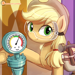 Size: 750x750 | Tagged: safe, artist:lumineko, applejack, steam gauge, earth pony, pony, applejack's "day" off, g4, season 6, cute, female, goggles, hammer, jackabetes, looking at you, mare, pareidolia, patreon, patreon logo, photoshop, safety goggles, smiley face, smiling, solo, toolbelt, tools