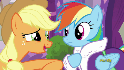 Size: 902x508 | Tagged: safe, screencap, applejack, rainbow dash, applejack's "day" off, g4, animated, discovery family logo, female, loop, nudge, nudge nudge