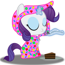 Size: 3000x3000 | Tagged: safe, artist:spellboundcanvas, rarity, g4, cake, clothes, cute, eating, female, filly, filly rarity, food, footed sleeper, high res, magic, onesie, pajamas, raribetes, solo