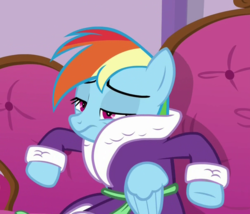Size: 1212x1038 | Tagged: safe, screencap, rainbow dash, applejack's "day" off, g4, animation error, bathrobe, clothes, female, great moments in animation, robe, solo
