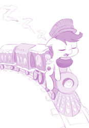 Size: 767x1100 | Tagged: safe, artist:dstears, scootaloo, pegasus, pony, g4, cutie mark, female, filly, monochrome, purple, simple background, sleeping, snoring, solo, the cmc's cutie marks, train, white background, zzz