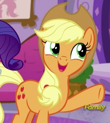 Size: 581x651 | Tagged: safe, screencap, applejack, applejack's "day" off, g4, cropped, cute, discovery family logo, female, jackabetes, offscreen character, solo
