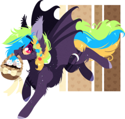Size: 1367x1301 | Tagged: safe, artist:tay-niko-yanuciq, oc, oc only, bat pony, pony, basket, cupcake, food, mouth hold, simple background, solo, transparent background