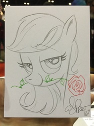Size: 768x1024 | Tagged: safe, artist:andypriceart, roseluck, earth pony, pony, g4, bedroom eyes, female, flower, mare, rose, solo, traditional art