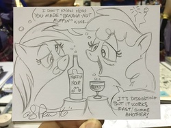 Size: 1024x768 | Tagged: safe, artist:andypriceart, berry punch, berryshine, derpy hooves, pegasus, pony, g4, andy you magnificent bastard, drunk, drunkerpy, female, mare, traditional art