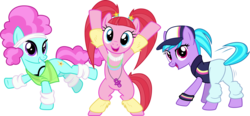 Size: 7935x3687 | Tagged: safe, artist:cheezedoodle96, derpibooru exclusive, azure velour, flashdancer, pacific glow, pony, g4, the saddle row review, .svg available, absurd resolution, baseball cap, bipedal, clothes, dancing, hat, headband, inkscape, leg warmers, motion lines, necklace, pacifier, pants, simple background, svg, tank top, transparent background, twerking, vector, vest, wristband