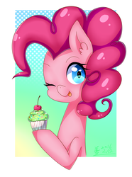 Size: 1006x1351 | Tagged: safe, artist:prairiedennis, pinkie pie, g4, cupcake, cute, female, food, solo, tongue out, wink