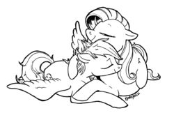 Size: 1232x799 | Tagged: safe, artist:spectralunicorn, fluttershy, rainbow dash, g4, cuddling, female, lesbian, monochrome, ship:flutterdash, shipping, snuggling