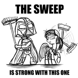 Size: 1000x1000 | Tagged: safe, artist:konyjay, twilight sparkle, alicorn, pony, g4, the saddle row review, broom, crossover, darth vader, magic, monochrome, rey, sketch, star wars, sweeping, sweepsweepsweep, telekinesis, text, twilight sparkle (alicorn), twilight sweeple