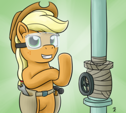 Size: 1280x1152 | Tagged: safe, artist:mkogwheel, applejack, earth pony, pony, applejack's "day" off, g4, bipedal, duct tape, female, hind legs, mare, rosie the riveter, safety goggles, solo, that was fast, toolbelt, valve