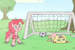 Size: 486x326 | Tagged: safe, artist:raridashdoodles, fluttershy, pinkie pie, earth pony, pegasus, pony, g4, clothes, cloud, covering, cropped, cute, duo, female, football, goal, goalie, grass, hilarious in hindsight, mare, open mouth, sky, sports, tree