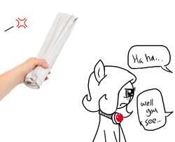Size: 1042x841 | Tagged: safe, artist:ficficponyfic, edit, oc, oc only, oc:emerald jewel, earth pony, human, pony, colt quest, amulet, angry, child, colt, femboy, foal, frown, hair over one eye, hand, male, newspaper, scowl