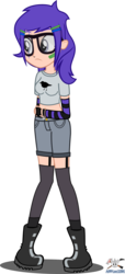 Size: 1366x3000 | Tagged: safe, artist:cyberapple456, oc, oc only, oc:faitholesia, bird, human, equestria girls, g4, bandaid, belly button, boots, bracelet, clothes, equestria girls-ified, glasses, humanized, midriff, nose piercing, nose ring, piercing, scar, shorts, solo, stockings