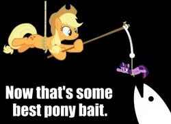 Size: 798x577 | Tagged: safe, applejack, twilight sparkle, alicorn, earth pony, pony, applejack's "day" off, g4, abuse, bait, best pony, black background, female, fishing rod, frown, hoof hold, mare, meme, reaction image, rope, simple background, stick, suspended, text, this is bait, twilight sparkle (alicorn), twilybuse, worried