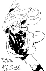 Size: 1320x2040 | Tagged: safe, artist:banzatou, sunset shimmer, human, equestria girls, g4, blushing, clothes, female, humanized, jacket, looking at you, monochrome, open mouth, pants, signature, sketch, solo