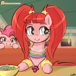 Size: 750x750 | Tagged: safe, artist:lumineko, pacific glow, pinkie pie, pony, g4, the saddle row review, :>, :i, candy, cute, female, food, glowstick, leg warmers, looking at you, looking away, mare, necklace, open mouth, pacifier, patreon, patreon logo, pinkie clone, puffy cheeks, skittles, smiling, starry eyes, wingding eyes