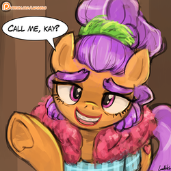 Size: 750x750 | Tagged: safe, artist:lumineko, plaid stripes, pony, g4, the saddle row review, clothes, dialogue, female, lipstick, makeup, patreon, patreon logo, raised hoof, solo, speech bubble, underhoof