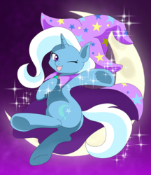 Size: 1836x2128 | Tagged: safe, artist:shiragariria, trixie, pony, unicorn, g4, crescent moon, cute, diatrixes, female, floating, magic, mare, moon, open mouth, pixiv, raised hoof, solo, transparent moon, wink