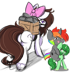 Size: 600x617 | Tagged: safe, artist:teranen, oc, oc only, oc:aggie, oc:krylone, oc:pisty, bow, box, bridle, butt, frog (hoof), hair bow, kryggie, no pupils, plot, ponies riding ponies, rainbow hair, riding, simple background, tack, underhoof, white background