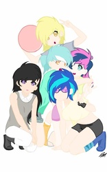 Size: 800x1280 | Tagged: safe, artist:cute_pinkie7, bon bon, derpy hooves, dj pon-3, lyra heartstrings, octavia melody, sweetie drops, vinyl scratch, human, g4, anime, background five, base used, breasts, busty vinyl scratch, clothes, fail, female, humanized, peace sign, simple background, sunglasses, white background
