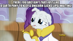 Size: 1920x1080 | Tagged: safe, edit, edited screencap, screencap, rarity, applejack's "day" off, g4, caption, discovery family logo, faic, female, frown, hoof hold, image macro, meme, nose wrinkle, open mouth, pocket watch, pony racism, pressure, prunity, pruny, solo, spongebob squarepants, vein, wet mane, wrinkles