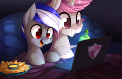 Size: 5100x3300 | Tagged: safe, artist:starshinebeast, oc, oc only, oc:bassy, oc:intrepid charm, pegasus, pony, unicorn, absurd resolution, chips, computer, couch, food, laptop computer, male, mountain dew, nachos, stallion, watching