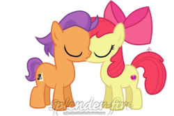 Size: 7087x4724 | Tagged: safe, artist:splender-fire, apple bloom, tender taps, earth pony, pony, g4, absurd resolution, cutie mark, duo, eyes closed, female, filly, foal, kiss on the lips, kissing, male, shipping, simple background, straight, tenderbloom, the cmc's cutie marks, transparent background