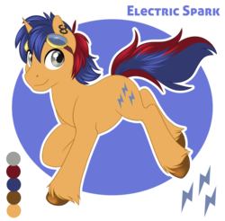 Size: 966x950 | Tagged: safe, artist:silkensaddle, oc, oc only, oc:electric spark, pony, unicorn, goggles, looking at you, piercing, reference sheet, solo, unshorn fetlocks