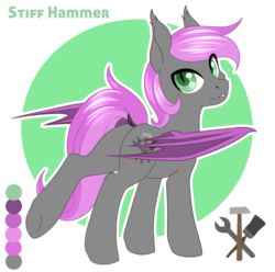 Size: 956x950 | Tagged: safe, artist:silkensaddle, oc, oc only, oc:stiff hammer, bat pony, pony, reference sheet, solo, spread wings