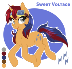 Size: 991x950 | Tagged: safe, artist:silkensaddle, oc, oc only, oc:sweet voltage, pony, unicorn, goggles, looking at you, reference sheet, solo