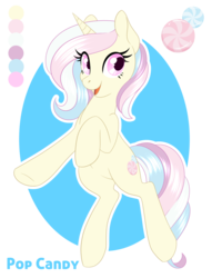 Size: 950x1243 | Tagged: safe, artist:silkensaddle, oc, oc only, oc:pop candy, pony, unicorn, looking at you, reference sheet, solo