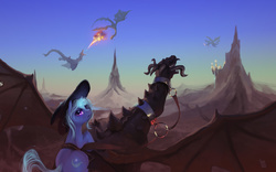 Size: 1920x1200 | Tagged: safe, artist:fruitbloodmilkshake, trixie, dragon, pony, unicorn, g4, canterlot, female, fight, fire, fire breath, flying, hat, looking at you, mare, metal as fuck, ponies riding dragons, riding, scenery