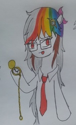 Size: 681x1116 | Tagged: safe, artist:traiden, oc, oc only, glasses, necktie, pocket watch, rainbow hair, solo, traditional art