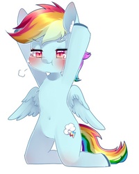 Size: 500x625 | Tagged: safe, rainbow dash, g4, anatomically incorrect, belly button, blushing, crying, female, incorrect leg anatomy, solo