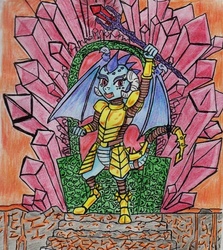 Size: 905x1016 | Tagged: safe, artist:kuroneko, princess ember, dragon, g4, gauntlet of fire, armor, bloodstone scepter, dragon lord ember, female, lava, queen, solo, throne, traditional art